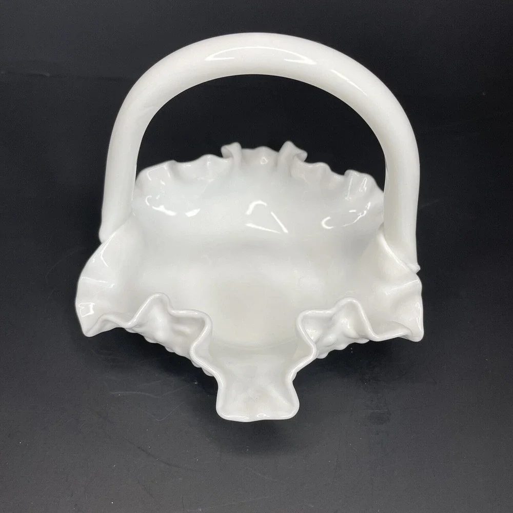 Vintage Fenton‎ Ruffle Hobnail White Milk Glass Basket With Applied Handle